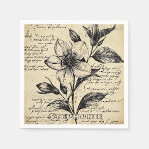 Antique Brown Flowers Calligraphy Parchment Napkin