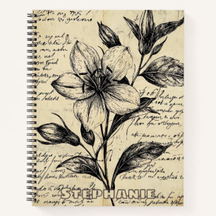 Antique Brown Flowers Calligraphy Parchment Notebook