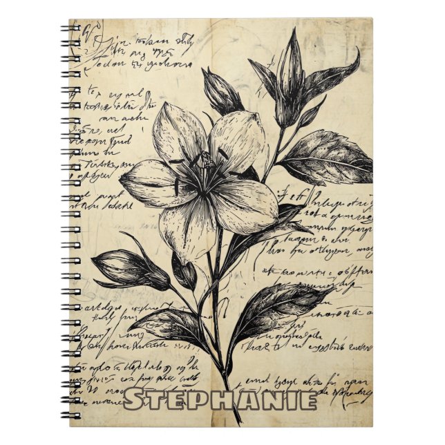 Antique Brown Flowers Calligraphy Parchment Notebook (Front)