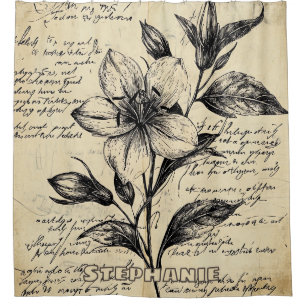 Antique Brown Flowers Calligraphy Parchment Shower Curtain