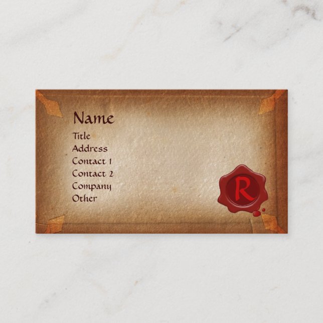 ANTIQUE BROWN PARCHMENT, RED WAX SEAL MONOGRAM BUSINESS CARD (Front)