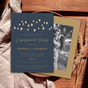 Antique Bulbs Hanging Lights Engagement Party Navy Invitation