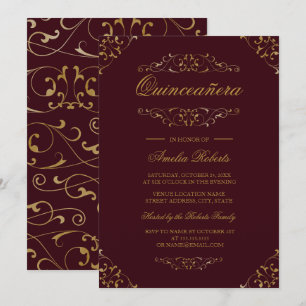 Antique Burgundy Gold Flourish Quinceanera Invite
