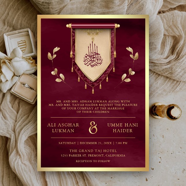 Antique Burgundy Gold Scroll Muslim Wedding Invitation (Creator Uploaded)