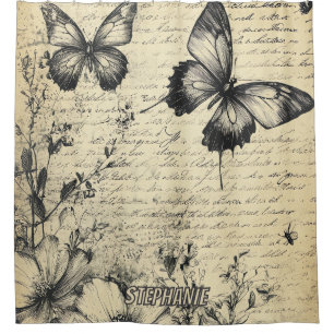 Antique Butterfly Entomology Botanical Sketch Shower Curtain