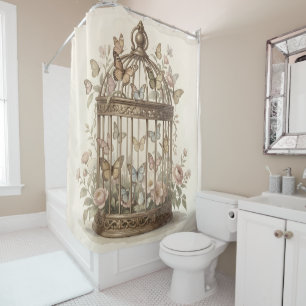 Antique cage with flowers and butterflies shower curtain