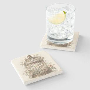 Antique cage with flowers and butterflies stone coaster