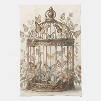 Antique cage with flowers and butterflies tea towel