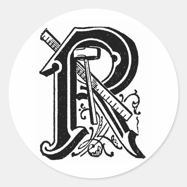 Antique Calligraphy Masonic Symbols Letter R Classic Round Sticker (Front)