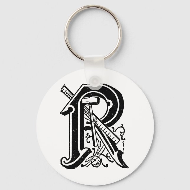 Antique Calligraphy Masonic Symbols Letter R Key Ring (Front)