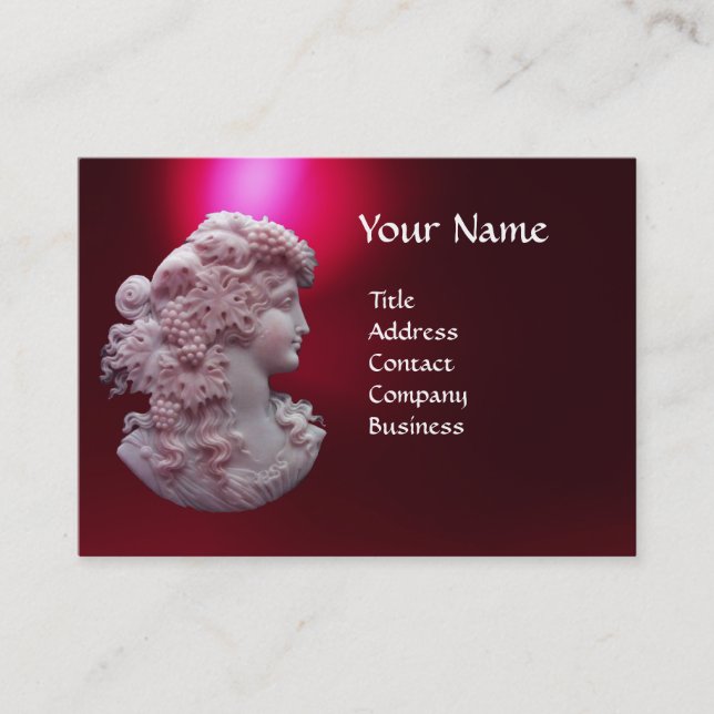 ANTIQUE CAMEO, LADY WITH GRAPES AND GRAPEVINES BUSINESS CARD (Front)