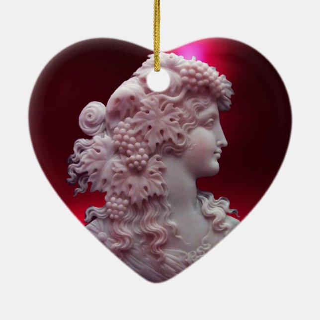 ANTIQUE CAMEO, LADY WITH GRAPES WINE QUOTES Heart Ceramic Ornament (Back)
