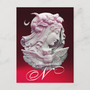 ANTIQUE CAMEO,MOON LADY OF NIGHT WITH OWL MONOGRAM HOLIDAY POSTCARD