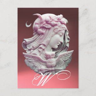 ANTIQUE CAMEO,MOON LADY OF NIGHT WITH OWL MONOGRAM HOLIDAY POSTCARD