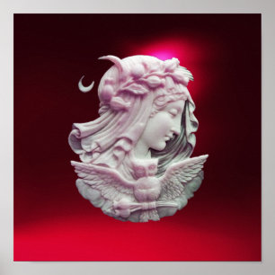ANTIQUE CAMEO, MOON LADY OF NIGHT WITH OWL POSTER