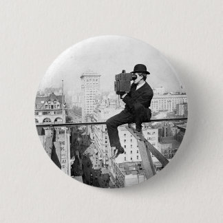 antique camera on a city highrise vintage photo 6 cm round badge