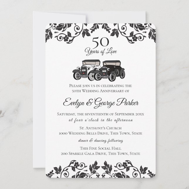Antique Car and Damask 50th Anniversary Invitation (Front)