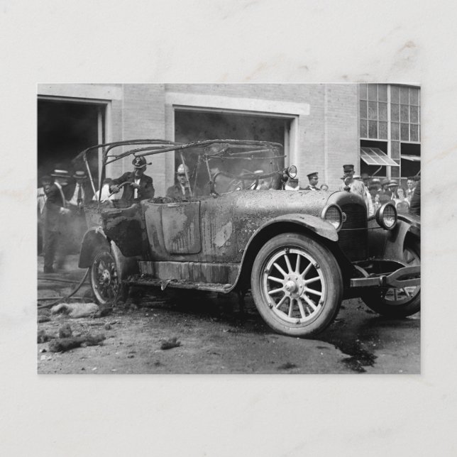 Antique Car Fire, 1921 Postcard (Front)