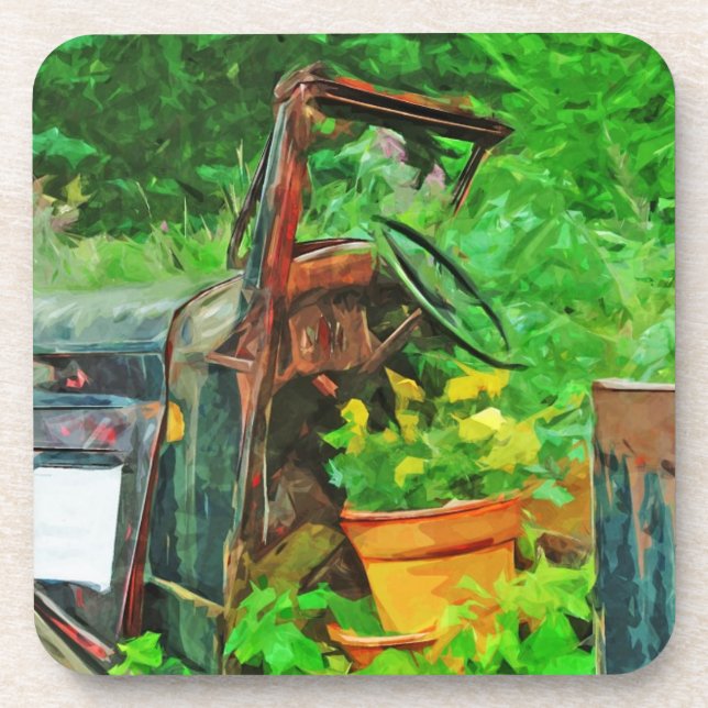 Antique Car Planter Abstract Impressionism Coaster (Front)