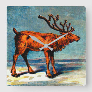 antique caribou print square wall clock