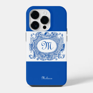 Antique Cartouche Monogram Design Blue iPhone 14 Pro Case