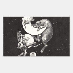 Antique Celestial Moon Goddess & Ursa Major Bear Rectangular Sticker