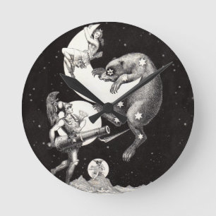 Antique Celestial Moon Goddess & Ursa Major Bear Round Clock