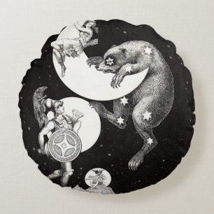 Antique Celestial Moon Goddess & Ursa Major Bear Round Cushion