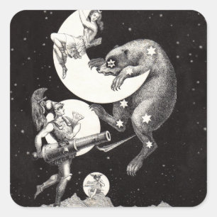 Antique Celestial Moon Goddess & Ursa Major Bear Square Sticker