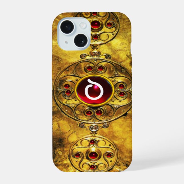 ANTIQUE CELTIC WARRIOR SHIELD RUBY GEM  MONOGRAM iPhone 15 CASE (Back)