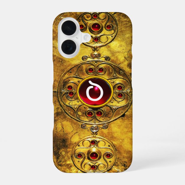 ANTIQUE CELTIC WARRIOR SHIELD RUBY GEM  MONOGRAM iPhone 16 CASE (Back)