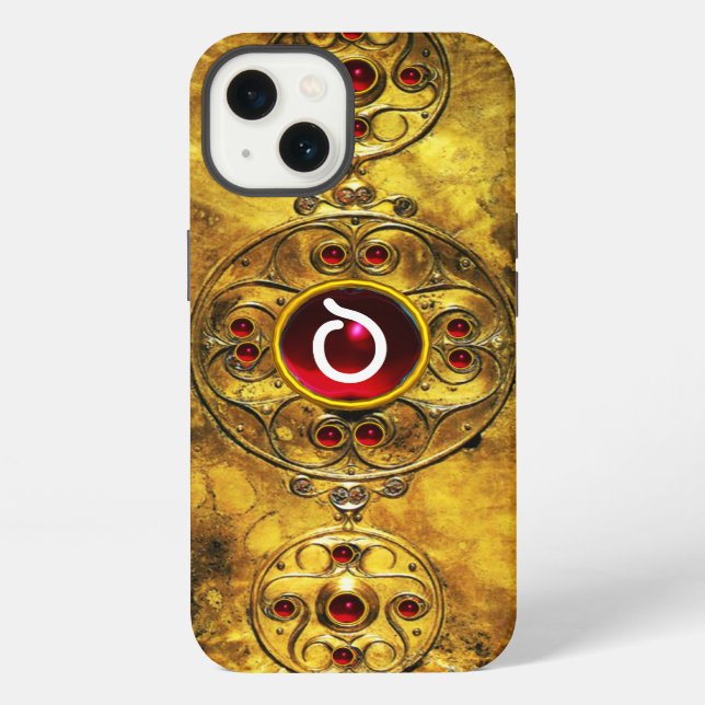 ANTIQUE CELTIC WARRIOR SHIELD RUBY GEM  MONOGRAM iPhone CASE (Back)