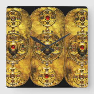 ANTIQUE CELTIC WARRIOR SHIELD WITH  RUBY GEMSTONES SQUARE WALL CLOCK