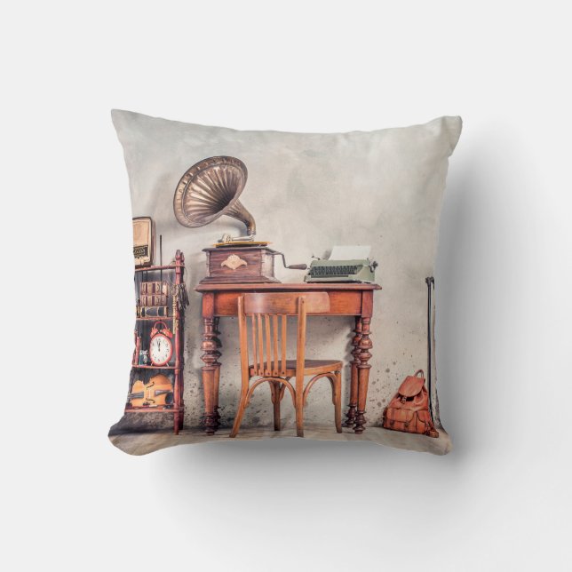 Antique chair, old typewriter, retro radio, gramop cushion (Front)