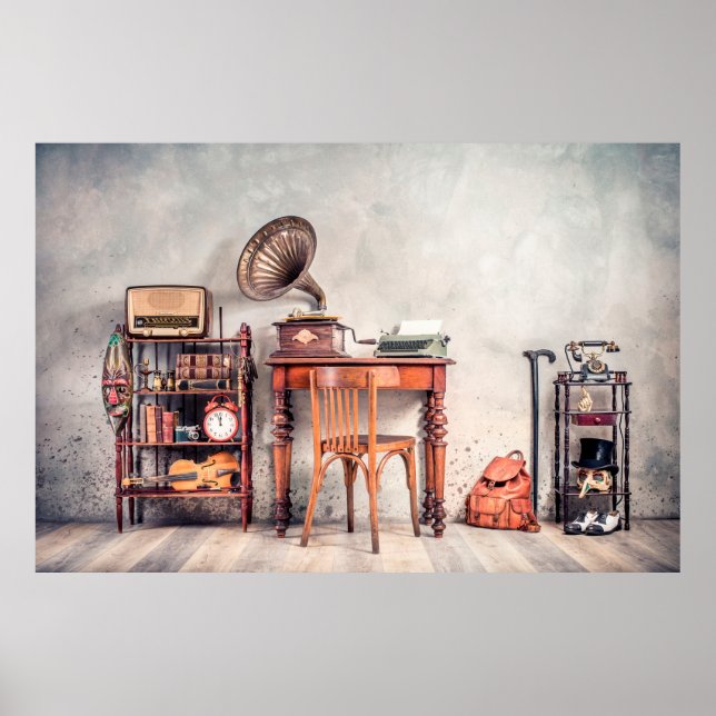 Antique chair, old typewriter, retro radio, gramop poster (Front)