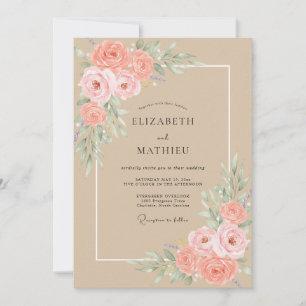 Antique Champagne Coral Peony Wedding Invitation