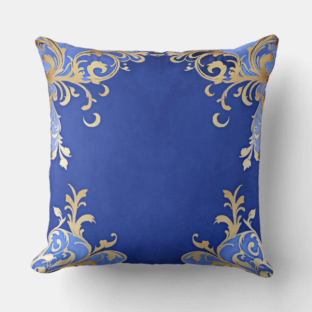 Antique Champagne Gold Filigree Royal Blue  Cushion (Front)