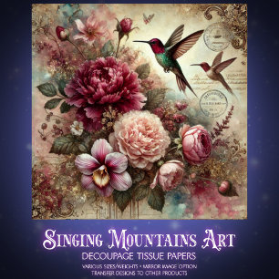 Antique Charm Hummingbirds and Flowers Decoupage  Tissue Paper