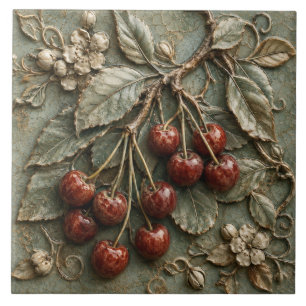 Antique Cherry Branch Botanical Faux Relief Ceramic Tile