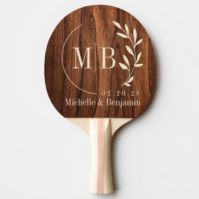 Antique Cherry Wood Leaf Wedding Monogram Ping Pong Paddle (Back)