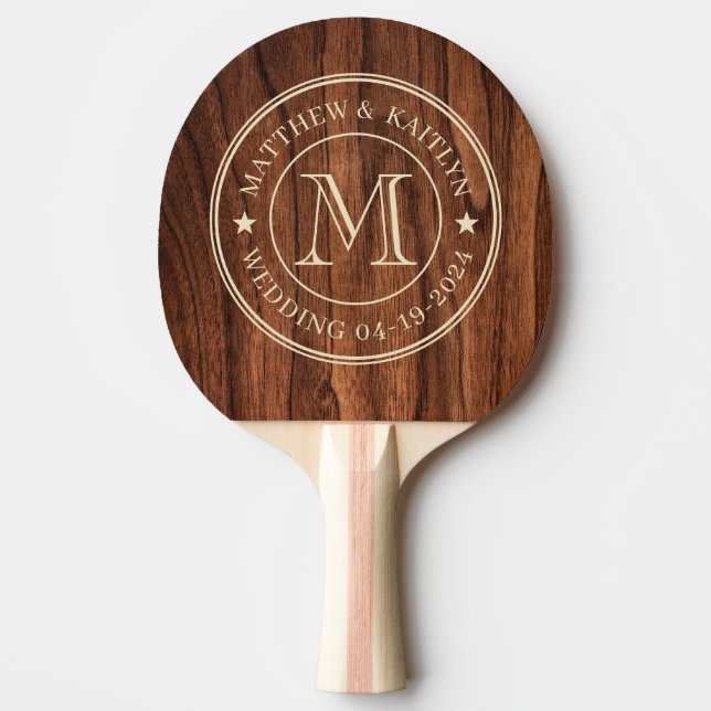 Antique Cherry Wood Wedding Monogram Star Ping Pong Paddle (Front)