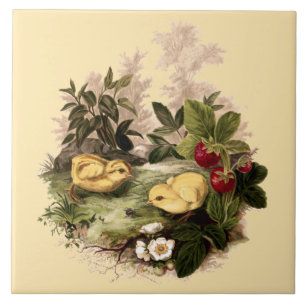 Antique Chickens & Strawberries by L. Prang & Co. Ceramic Tile