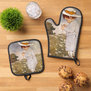 Antique Child Picking Daisies Bessie Pease Gutmann Oven Mitt & Pot Holder Set