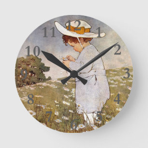 Antique Child Picking Daisies Bessie Pease Gutmann Round Clock