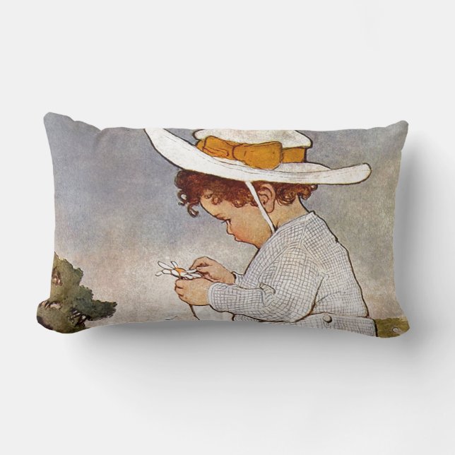Antique Child Picking Daisies Flowers Lumbar Cushion (Front)