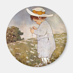 Antique Child Picking Daisies Flowers Magnet