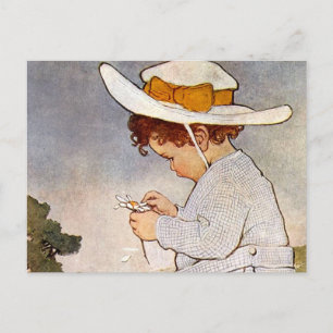 Antique Child Picking Daisies Flowers Postcard