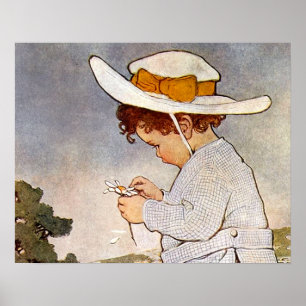 Antique Child Picking Daisies Flowers Poster