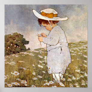 Antique Child Picking Daisies Flowers Poster