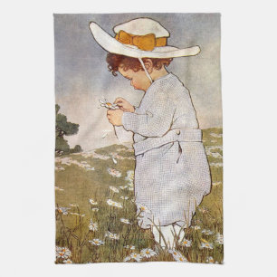 Antique Child Picking Daisies Flowers Tea Towel